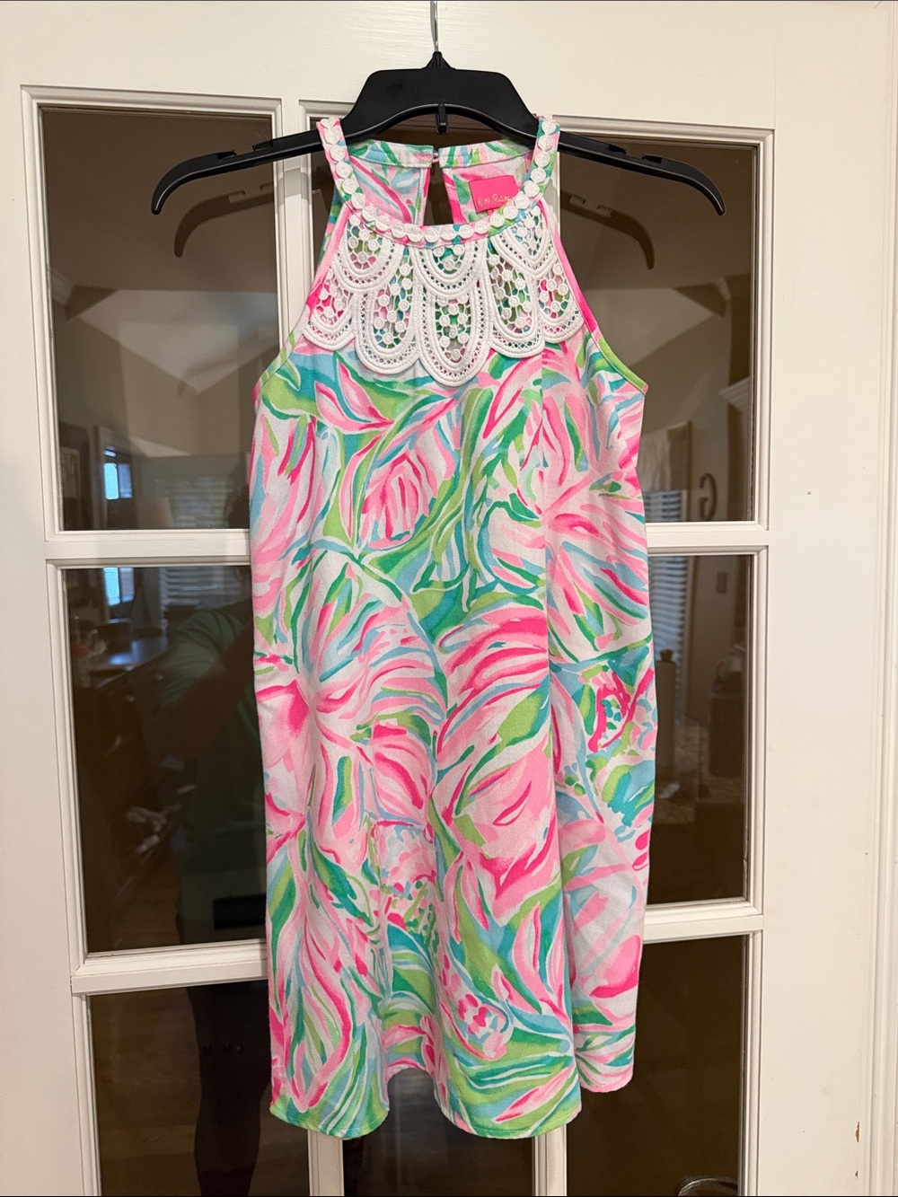 Lilly Pulitzer Girls Pink Green Floral Halter Dress with White Lace